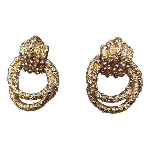 Geometric Twist Knot Design Rhinestone Crystal Embellished Earrings Gold Tone - Picture 1 of 6